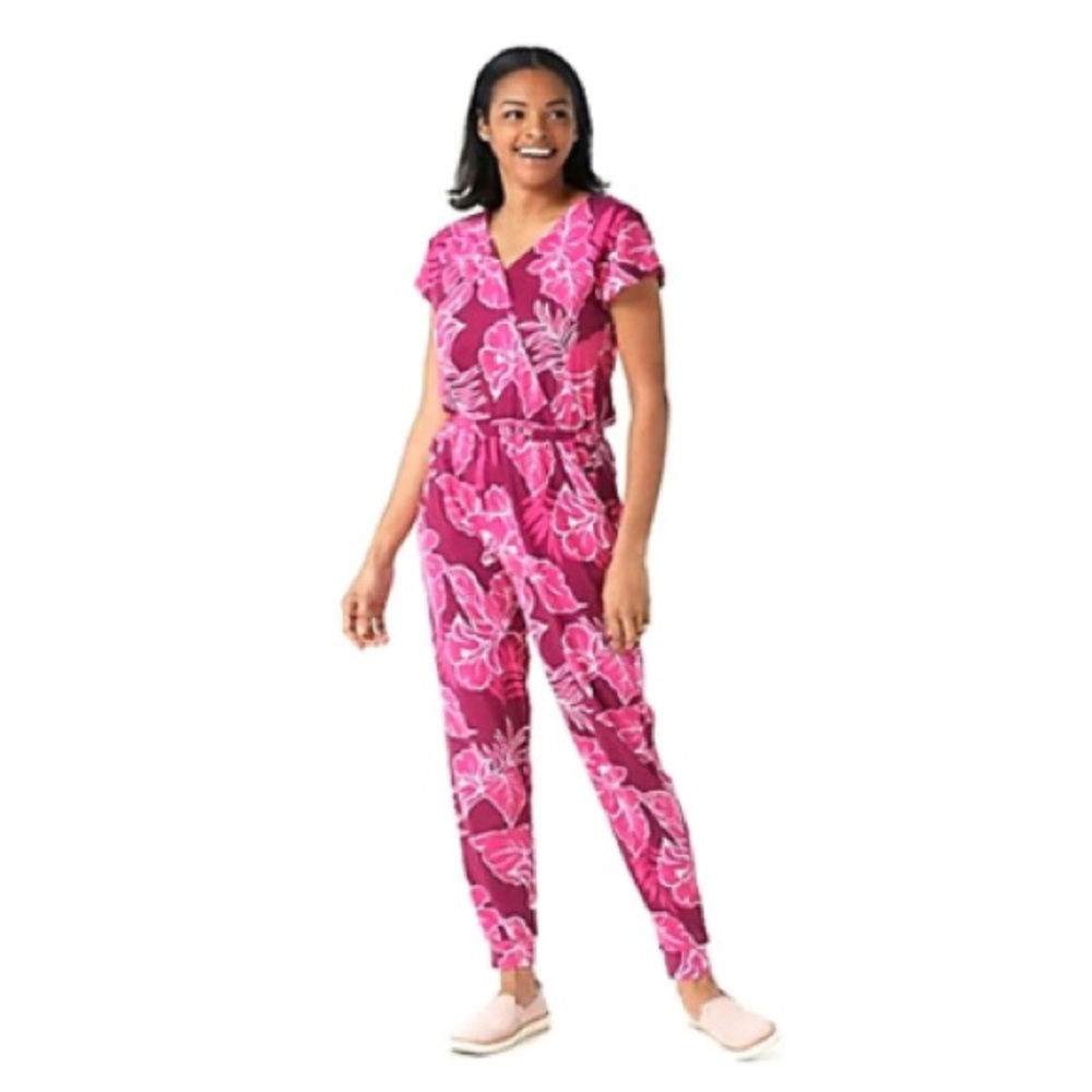 Cuddl Duds FLEXWEAR SHORT SLEEVE SOFT BERRY HIBISCUS JUMPSUIT SIZE LARGE 🌟EUC🌟